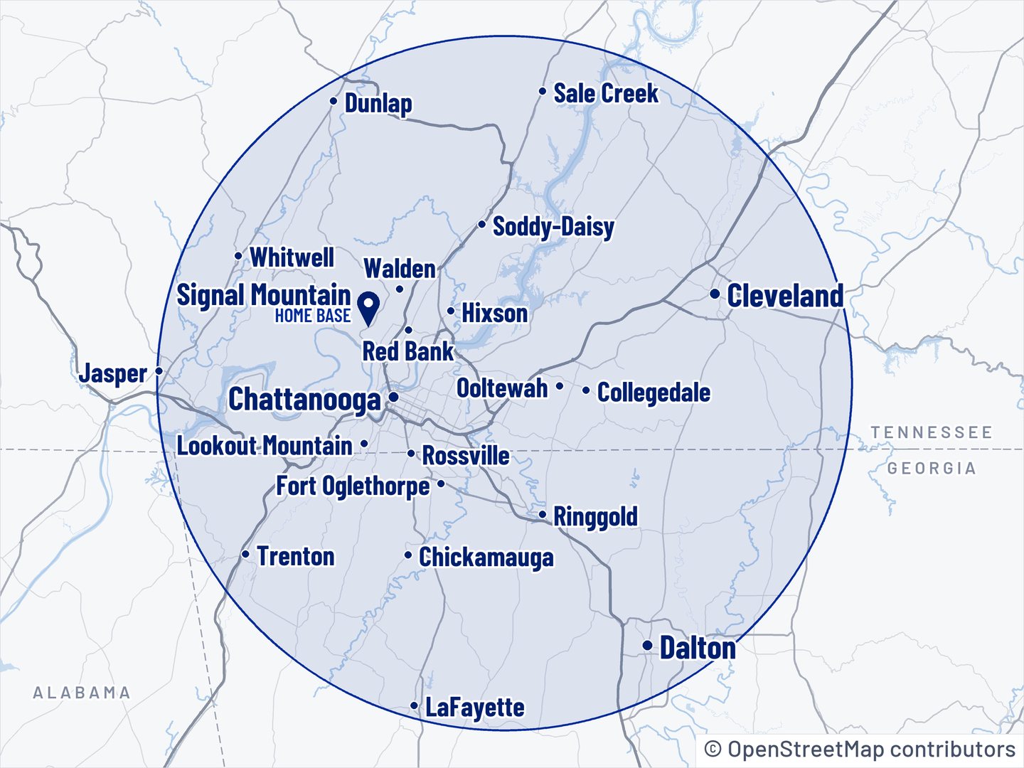 MC Excavation service area map around Chattanooga, Tennessee
