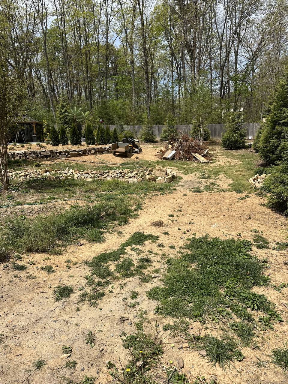 Before: bare dirt yard with a brush pile and rock beds